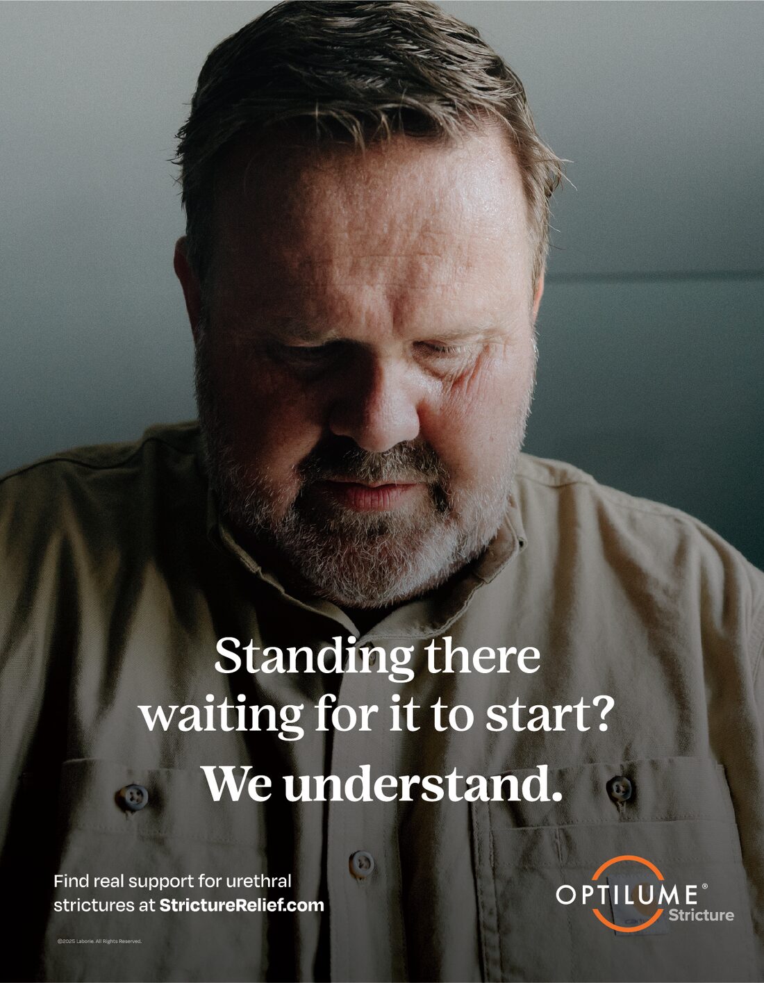 Optilume Stricture bathroom poster: a man looks down, headline reads 'Standing there waiting for it to start? We understand. Find real support for urethral strictures at StrictureRelief.com.'